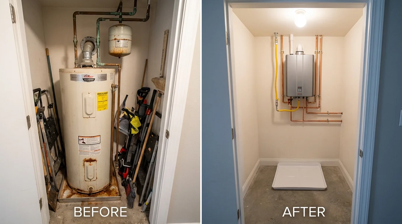 Tank water heater versus wall-mounted tankless unit comparison for Carson, ND homeowners