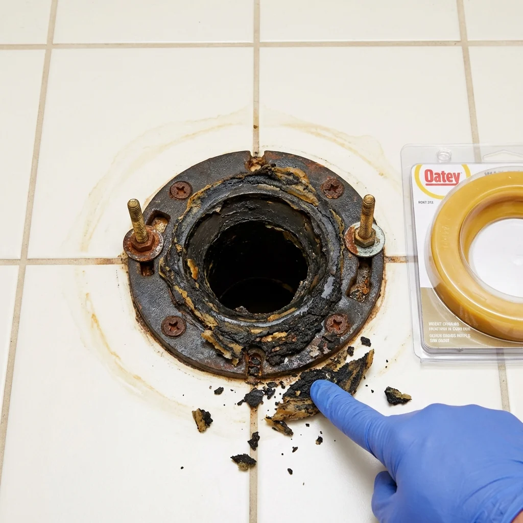 Failed wax ring showing water seepage at the base of a toilet in a Carson, ND home