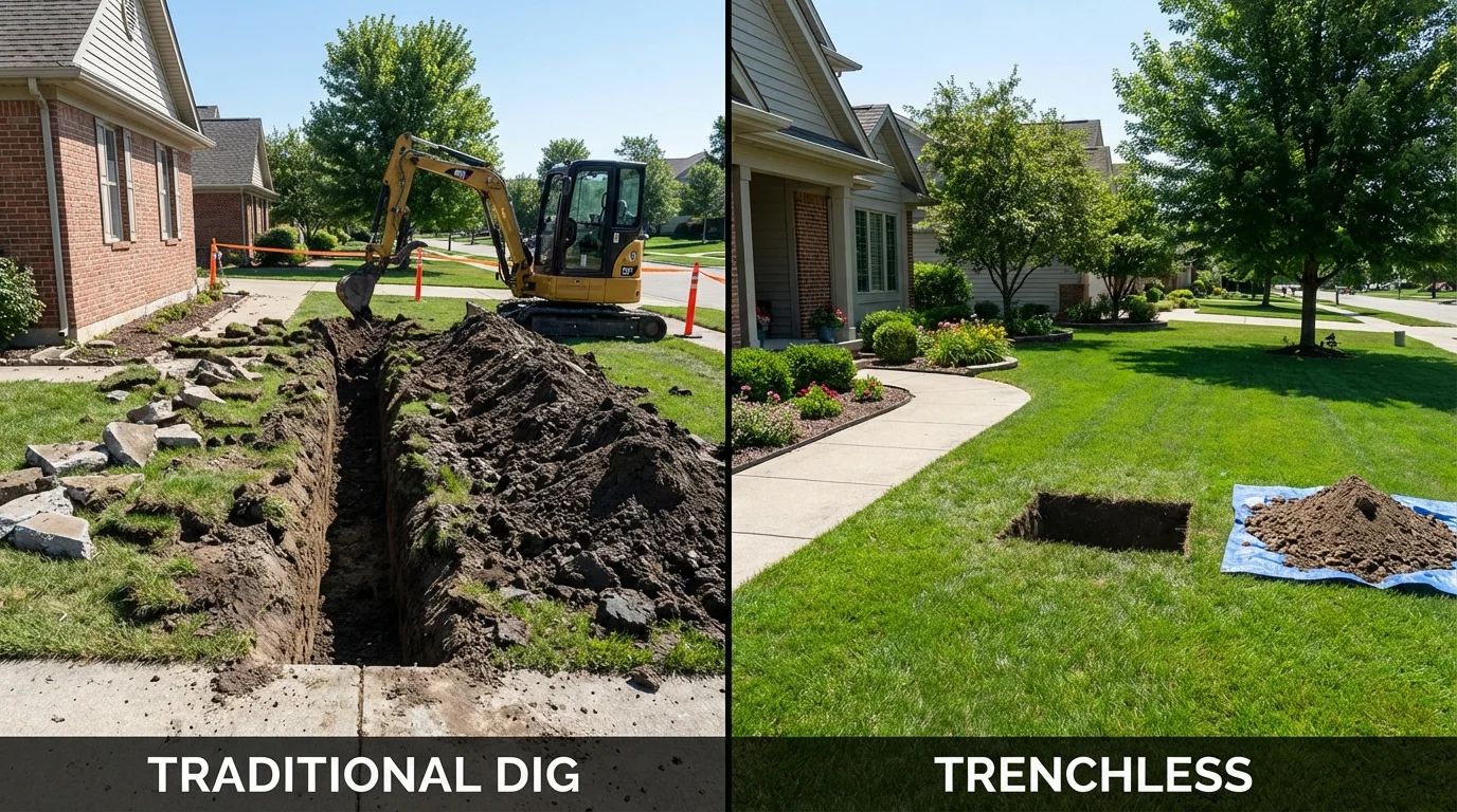 Trenchless sewer repair with minimal yard damage versus traditional excavation in Carson, ND