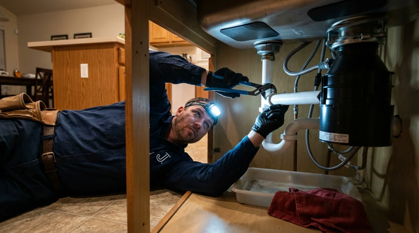 P-trap and supply line connections under a kitchen sink showing a common leak point in Carson, ND